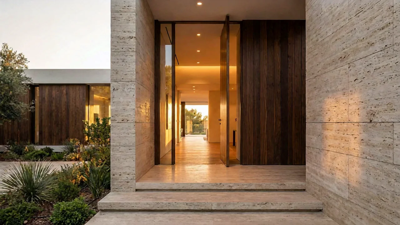 The entrance of a private residence at golden hour