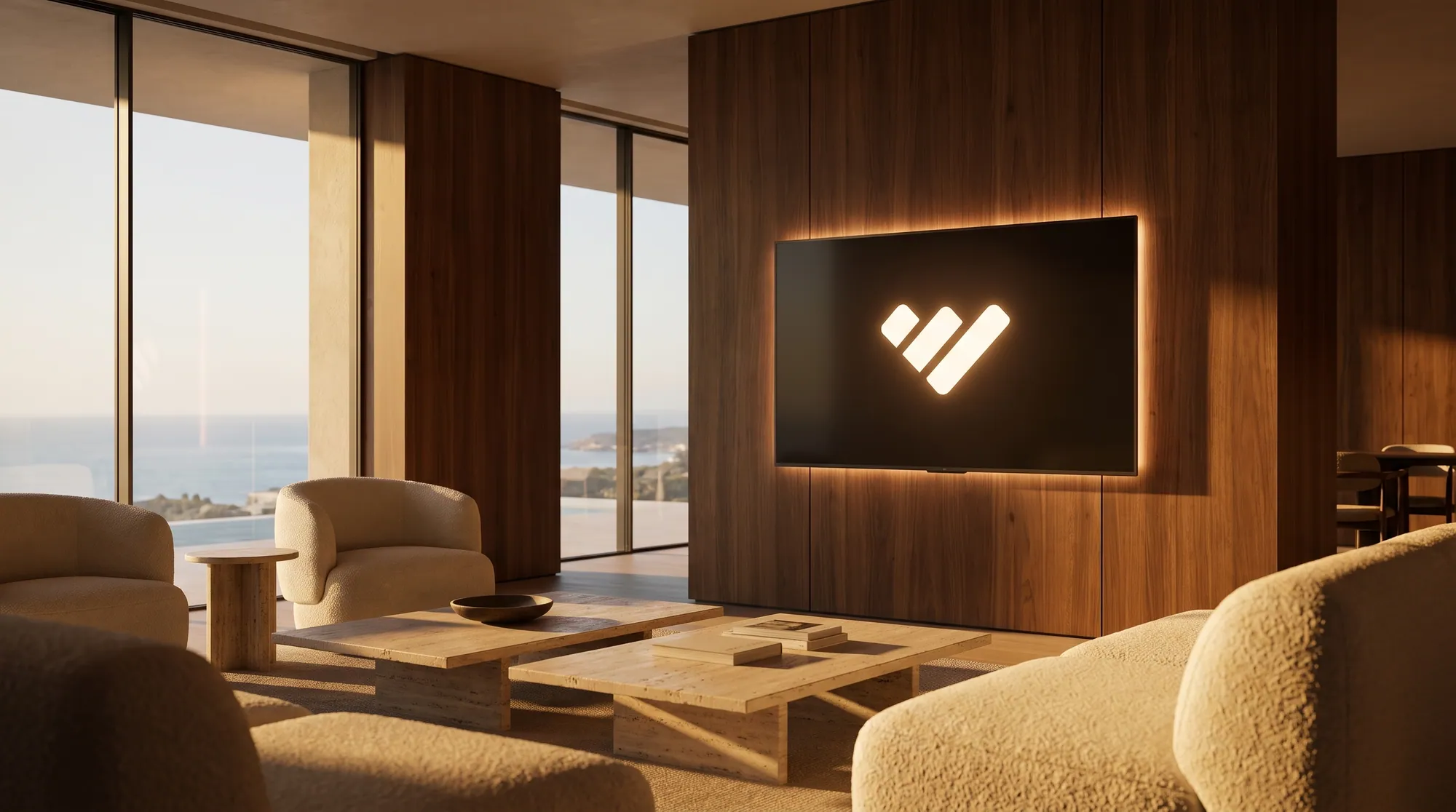 THANGARD on a wall-integrated display in a residence at golden hour